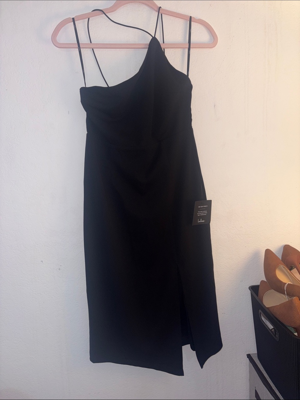 Lulu's Black One-Shoulder Midi Dress with Thin Straps